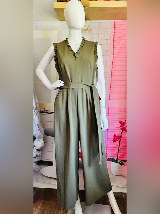 Calvin Klein Pants - Calvin Klein Olive Green Ruffle Wide Leg Belted Jumpsuit